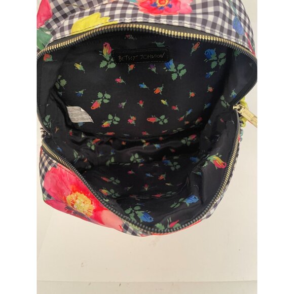 Betsey Johnson Black/White Gingham w/Colorful Florals Multi Pocket Backpack - Picture 9 of 11